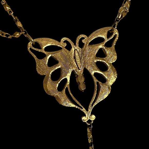 Vintage Butterfly Gold Tone AB Rhinestone Y Drop Necklace Signed Avon - Picture 9 of 11